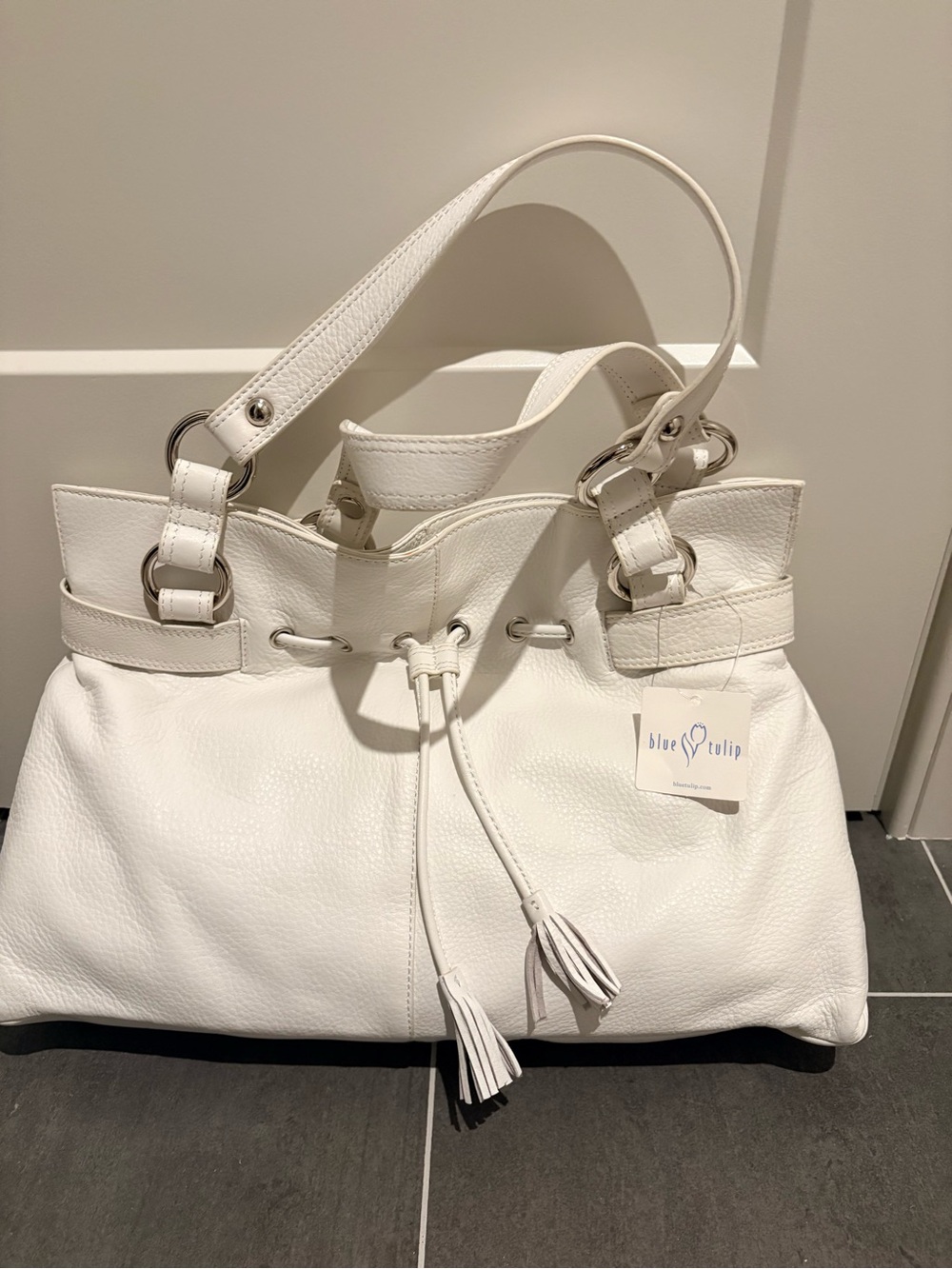 New Y2K Blue Tulip pebbled leather handbag satchel white drawstring
